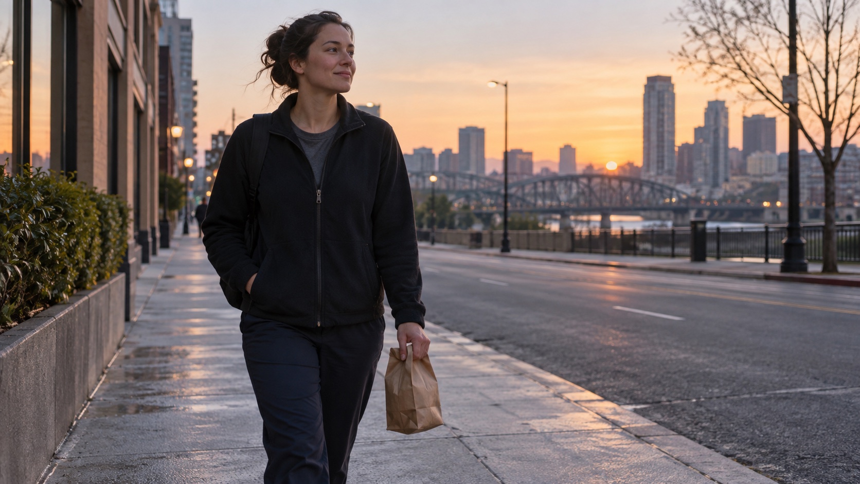 A night-shift worker walks home at dawn with a lunch bag.