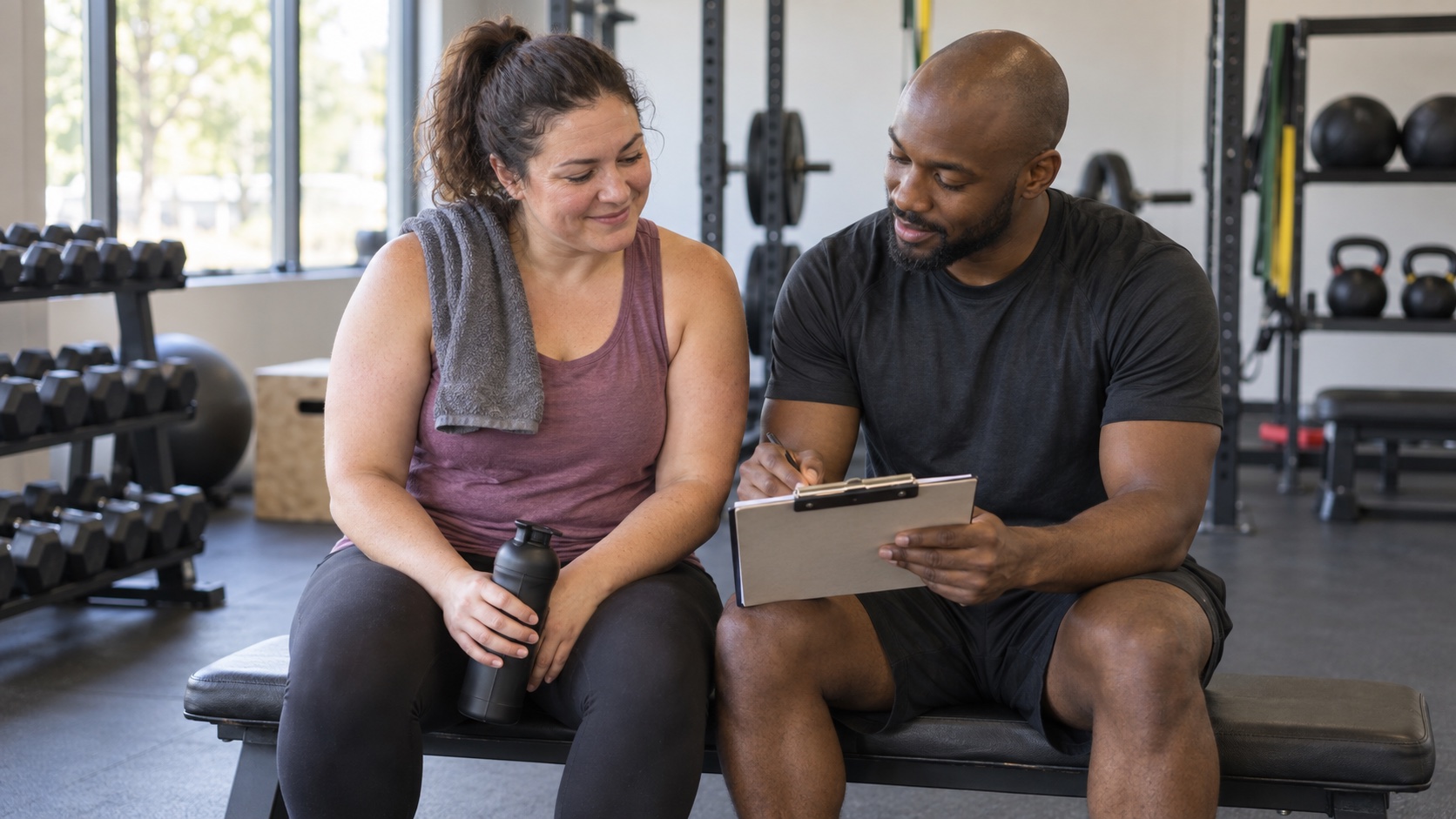 An adult and coach review a blank training log after exercise.