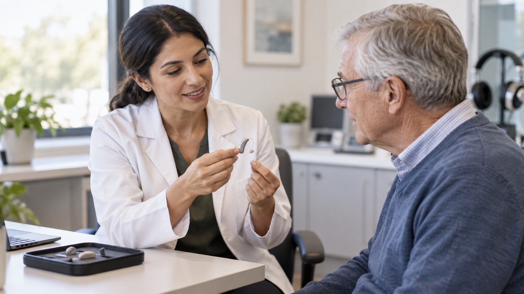 An audiologist discusses a small hearing device with an older adult.
