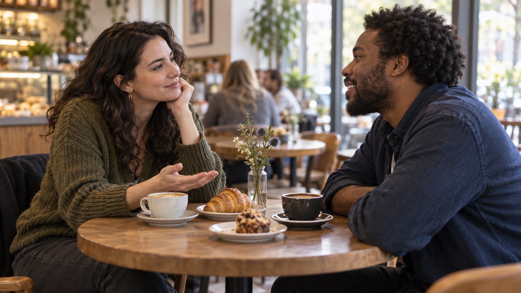 Two friends share an attentive conversation at a café.