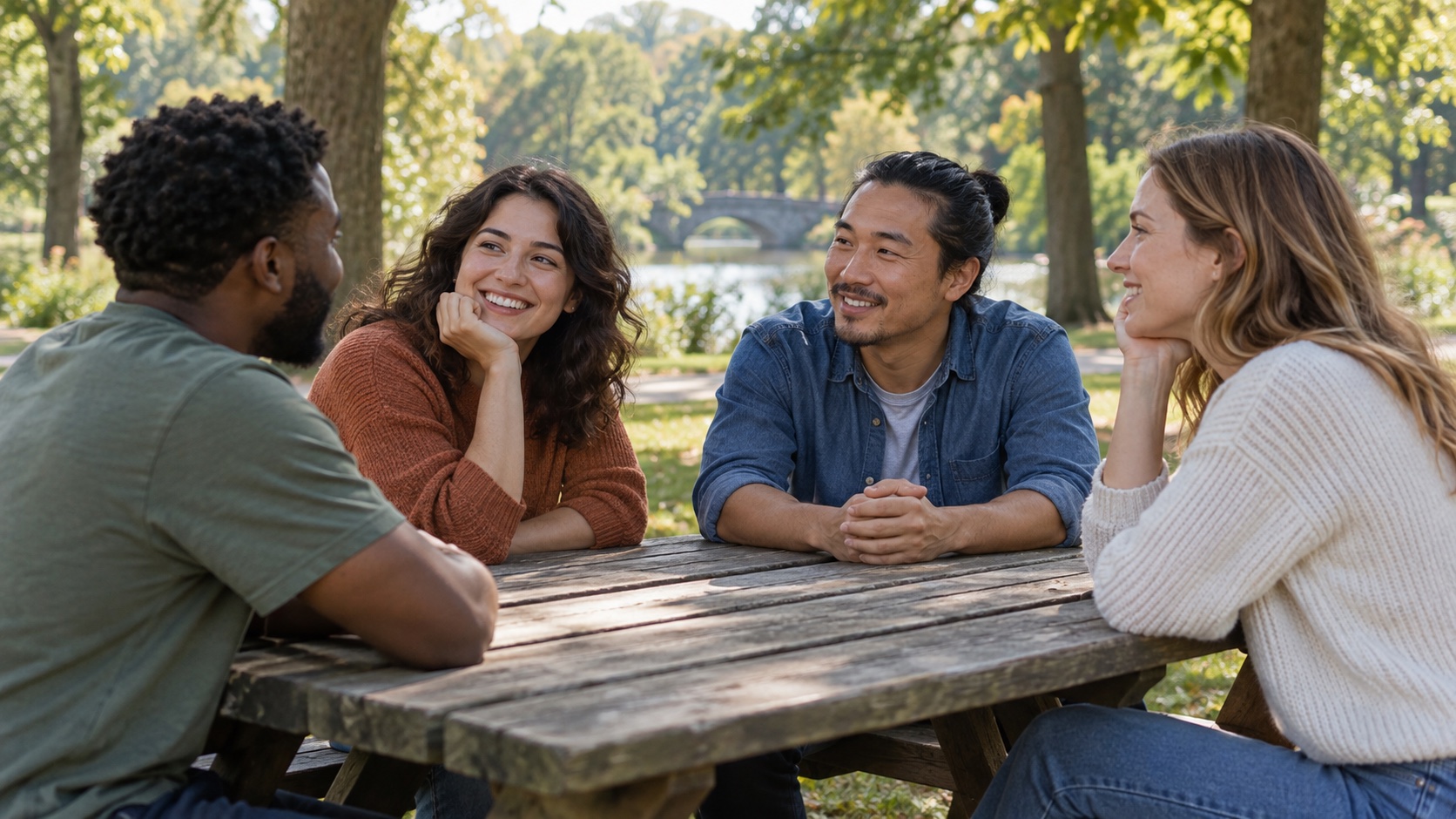 Four adults share a conversation at a park picnic table.