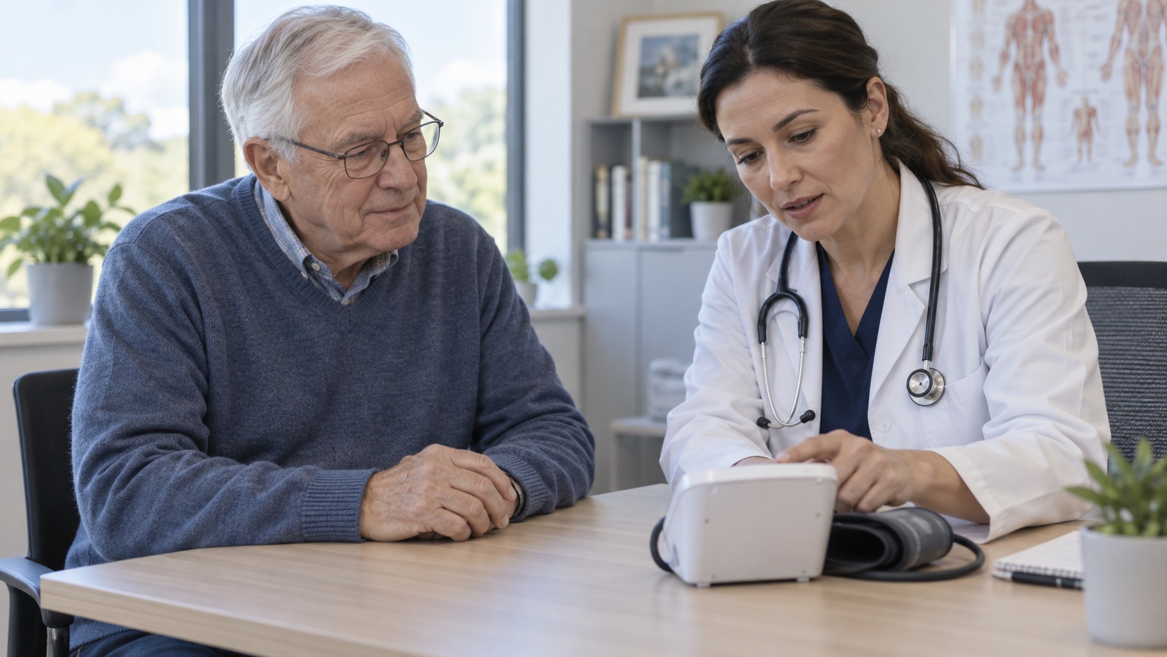 An older adult discusses a blood-pressure monitor with a clinician.