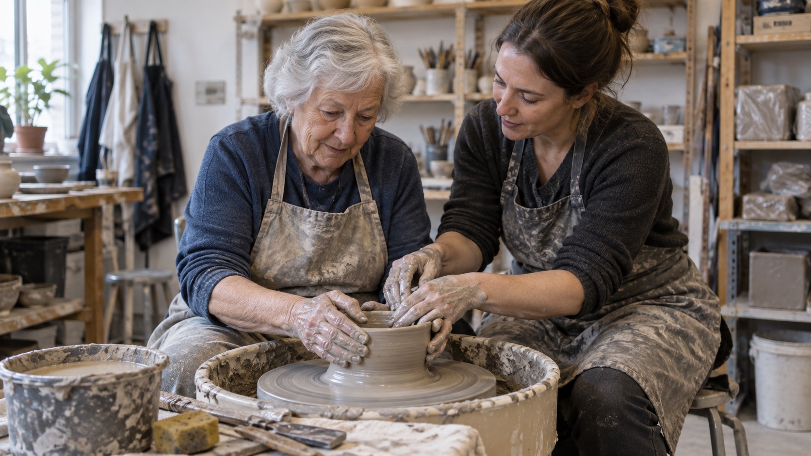 An older adult learns a pottery technique from an instructor.