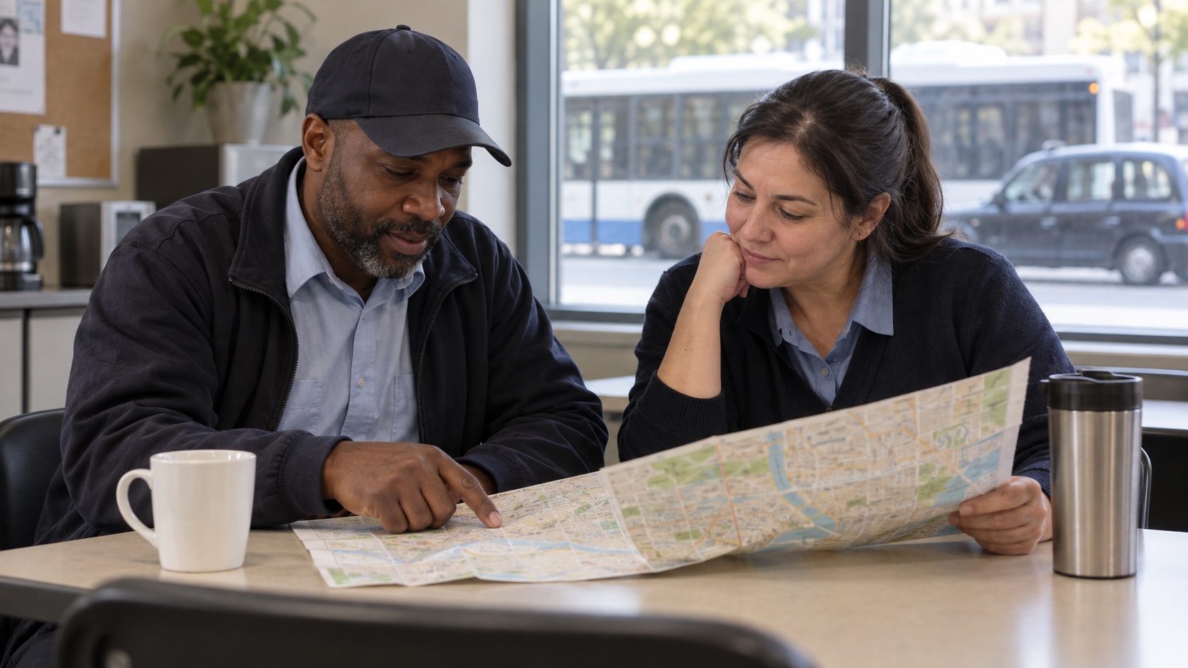 Two professional drivers compare an unreadable city map in a break room.