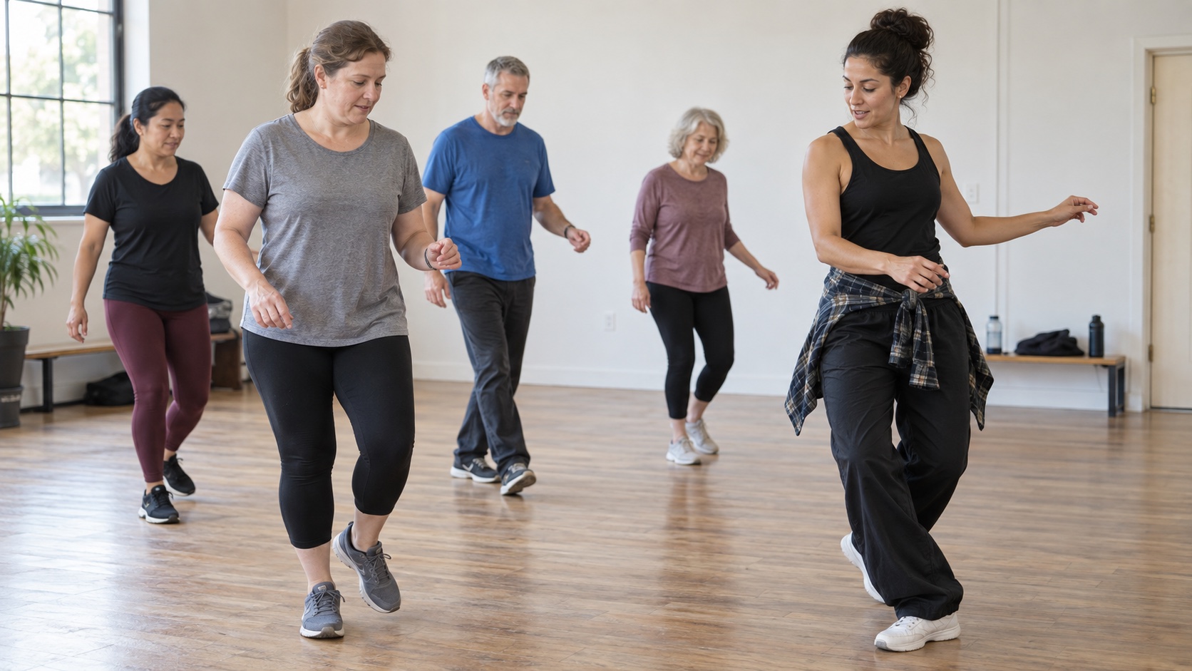An adult practices a beginner dance step in a community class.
