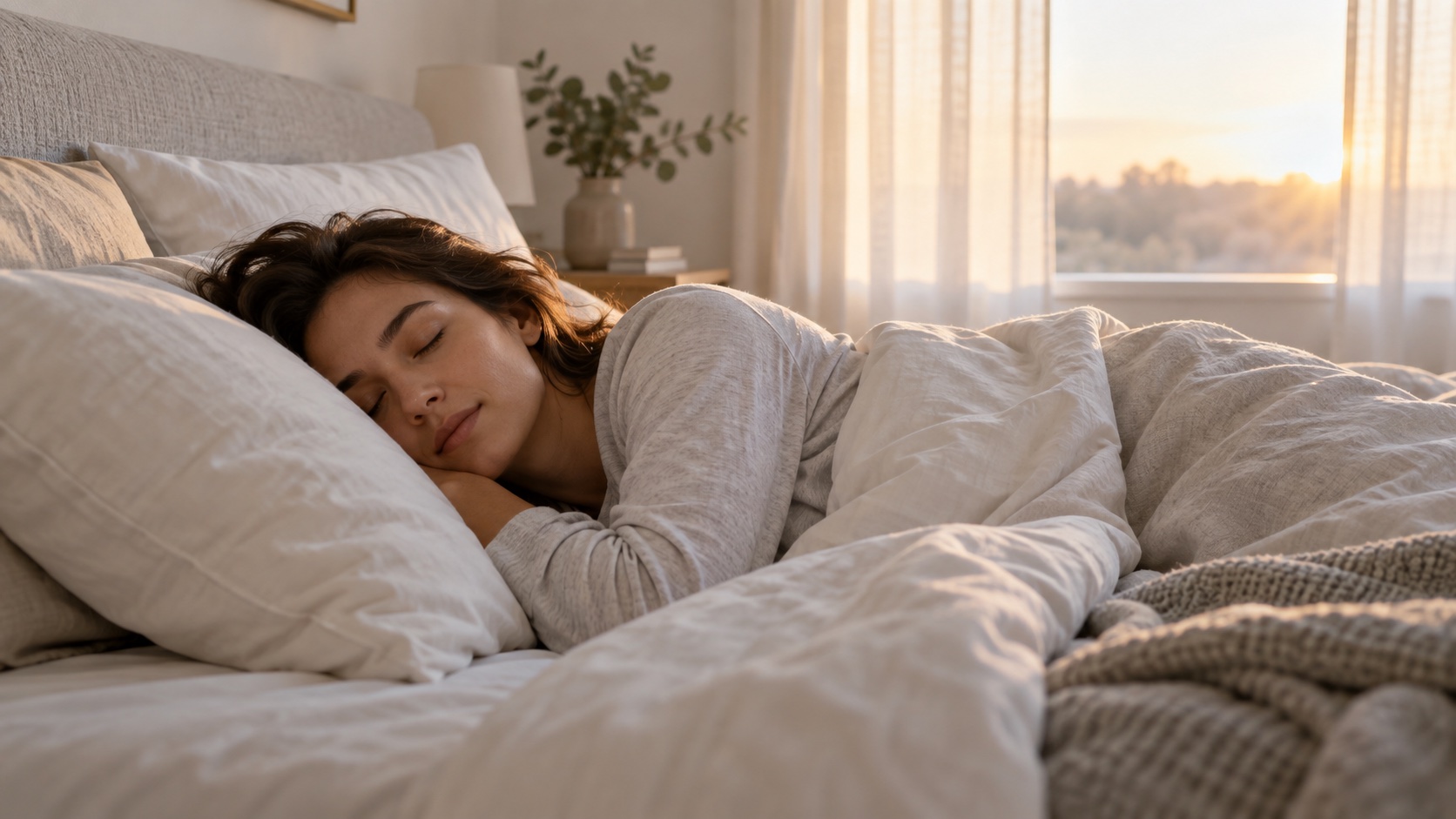An adult sleeps on their side in a quiet bedroom.