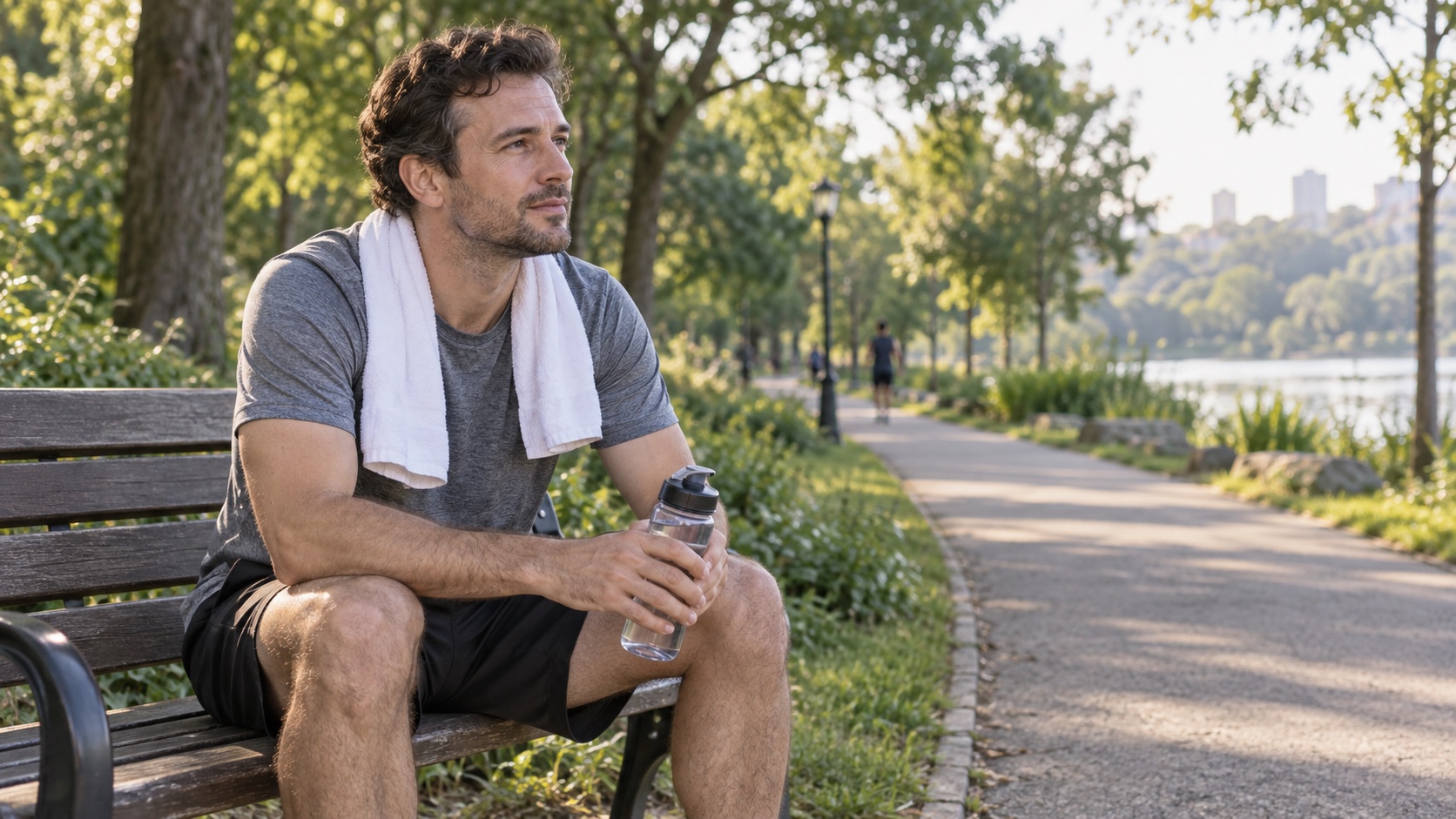 An adult runner cools down after a moderate outdoor session.
