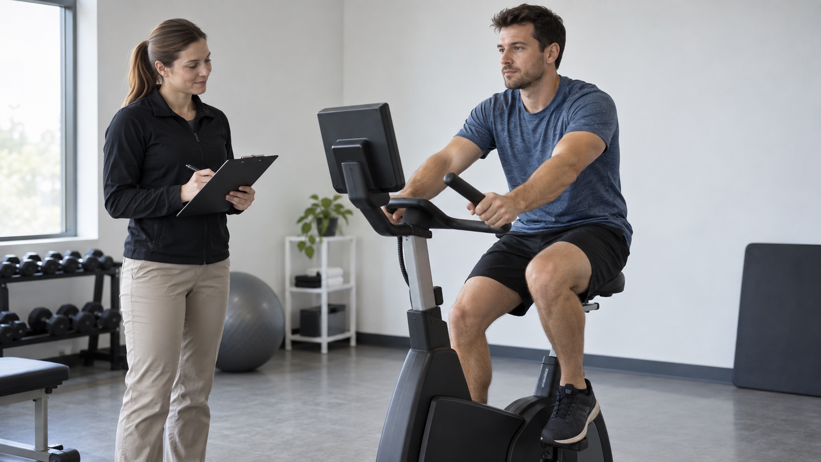 An adult pedals a stationary bike while a researcher observes.