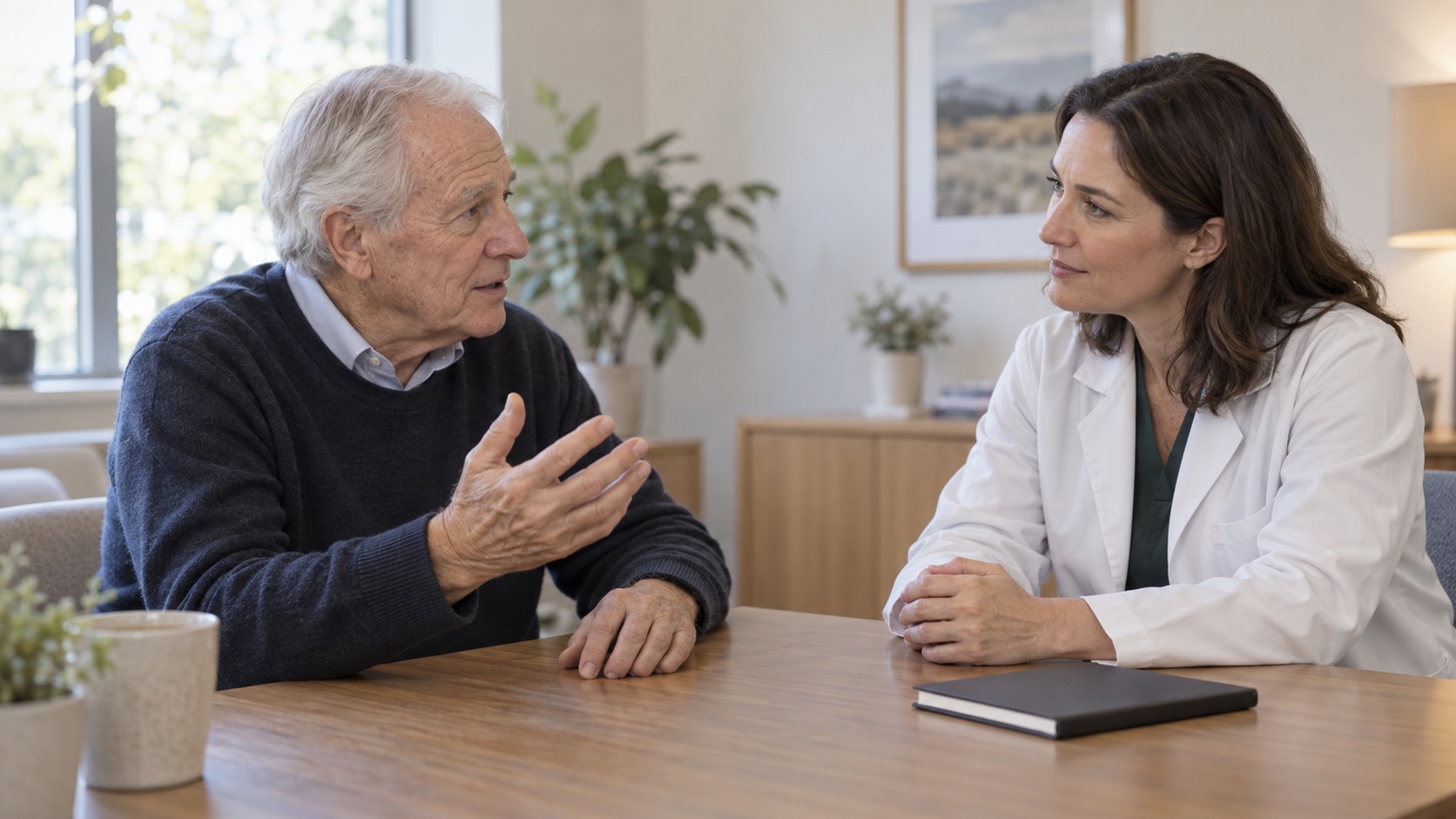 An older adult discusses a hand-strength concern with a clinician.