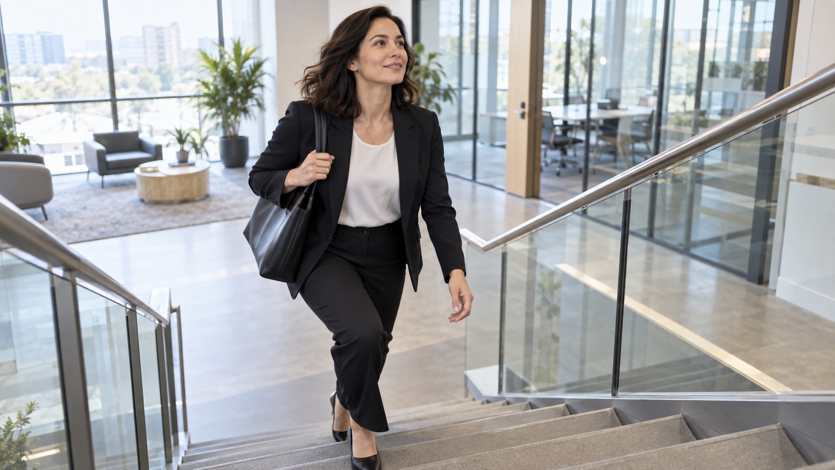 An adult walks up office stairs at a comfortable brisk pace.