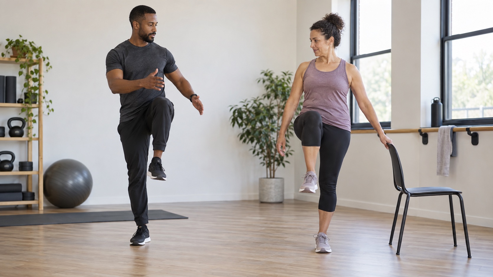 A trainer demonstrates a controlled joint movement to an adult.