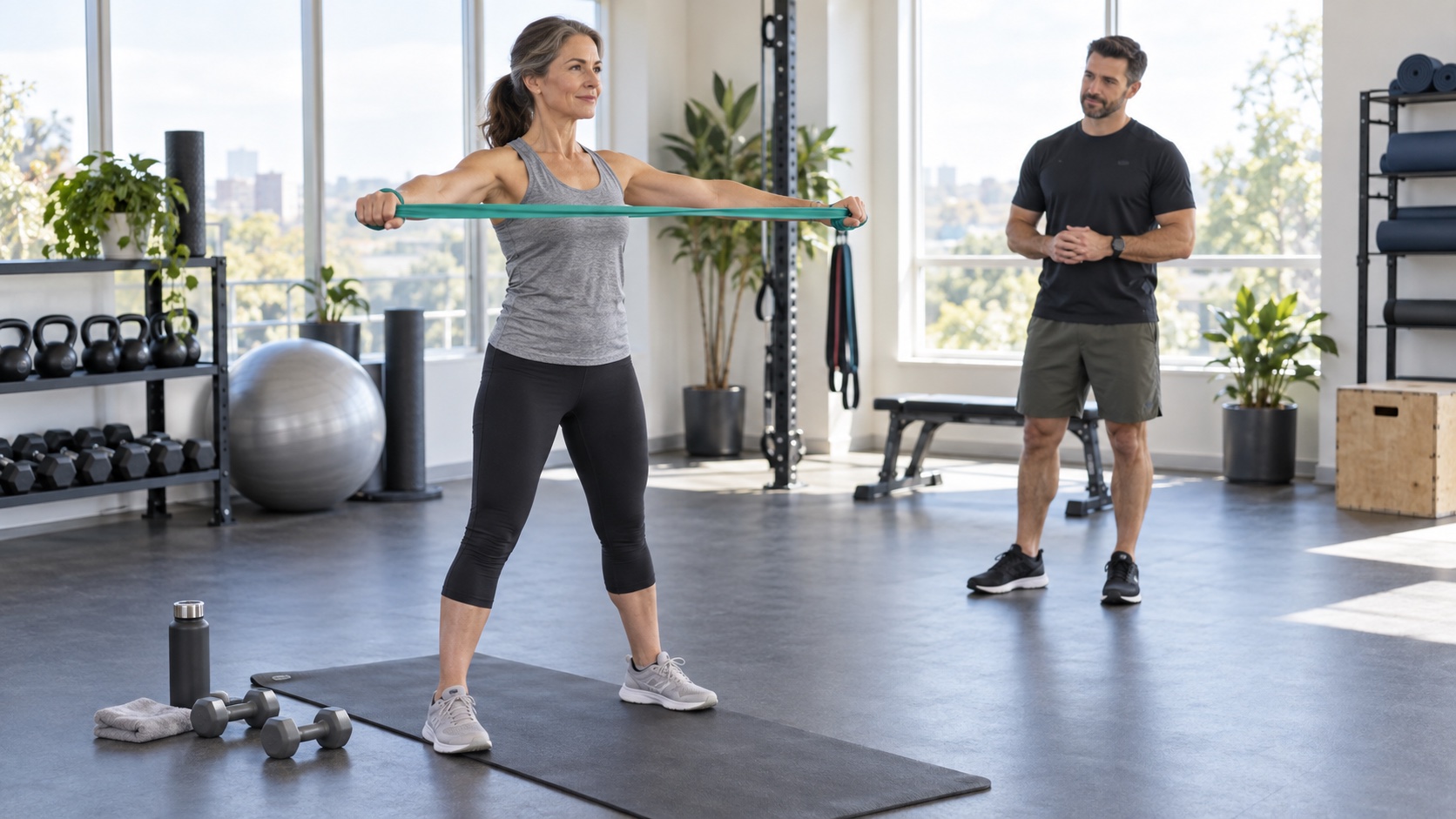 An adult warms up with a light resistance band before lifting.