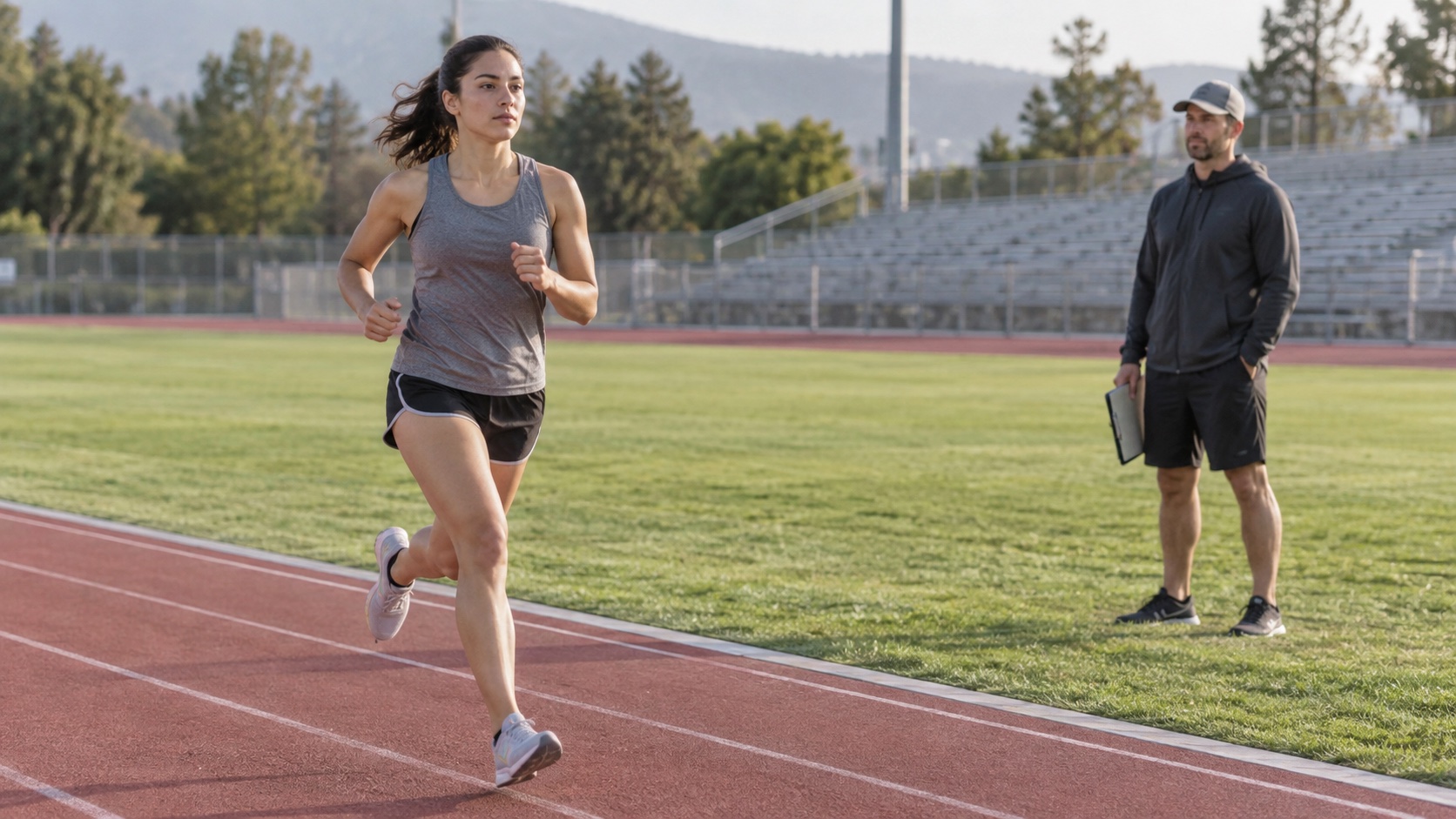 A recreational runner completes a controlled interval on an outdoor track as a coach observes.