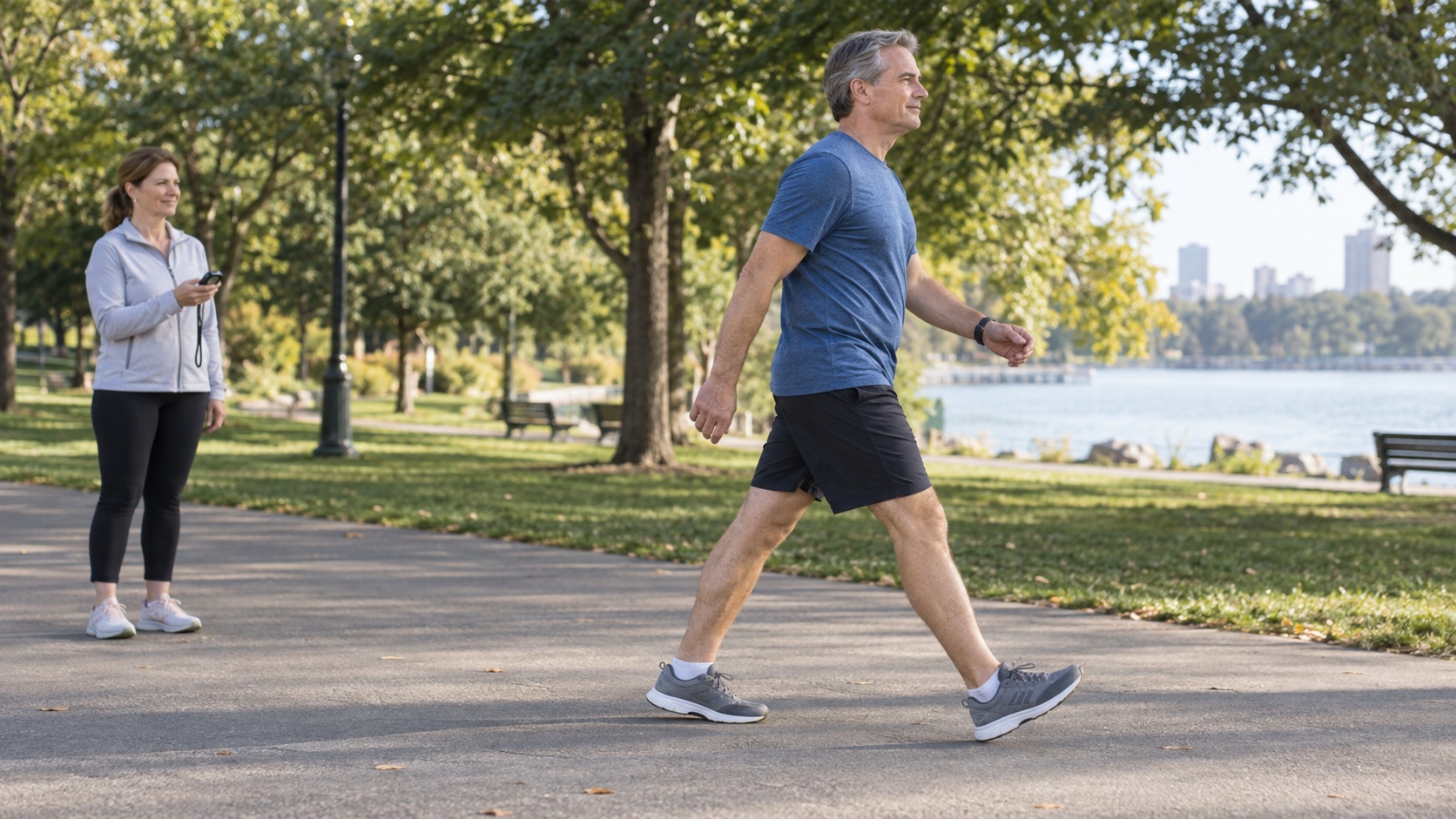 A middle-aged man completes a brisk walk on a park path as a companion observes.