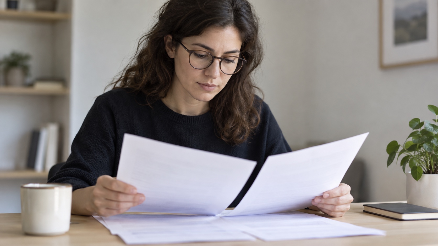 A researcher reviews printed research pages at a desk.