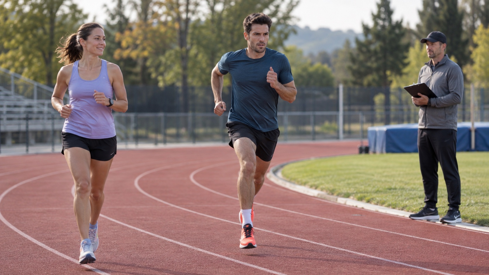 Two recreational runners train at different paces on a track as a coach observes.