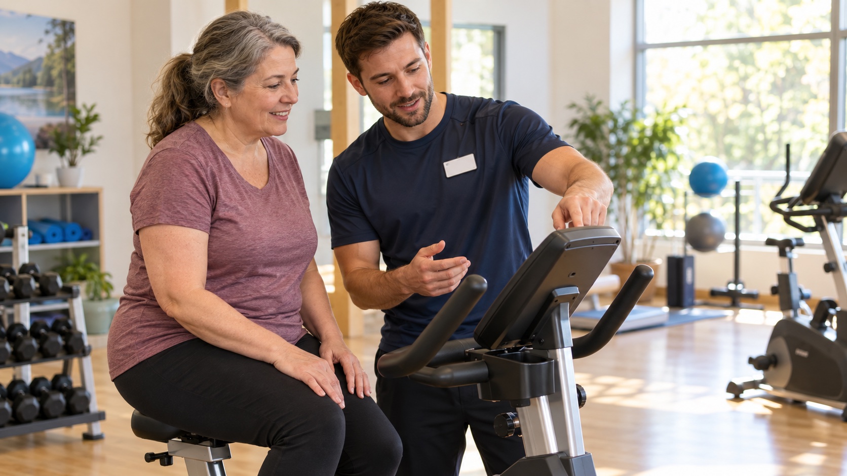 An adult and an exercise clinician discuss a stationary bike in a calm exercise room.