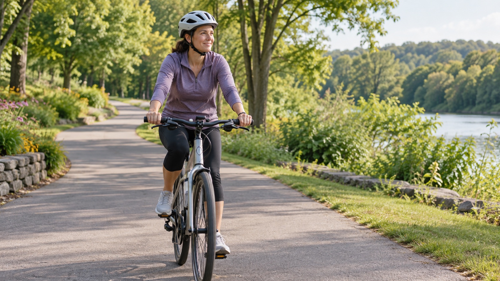 An adult cycles at a comfortable pace on a quiet paved path.