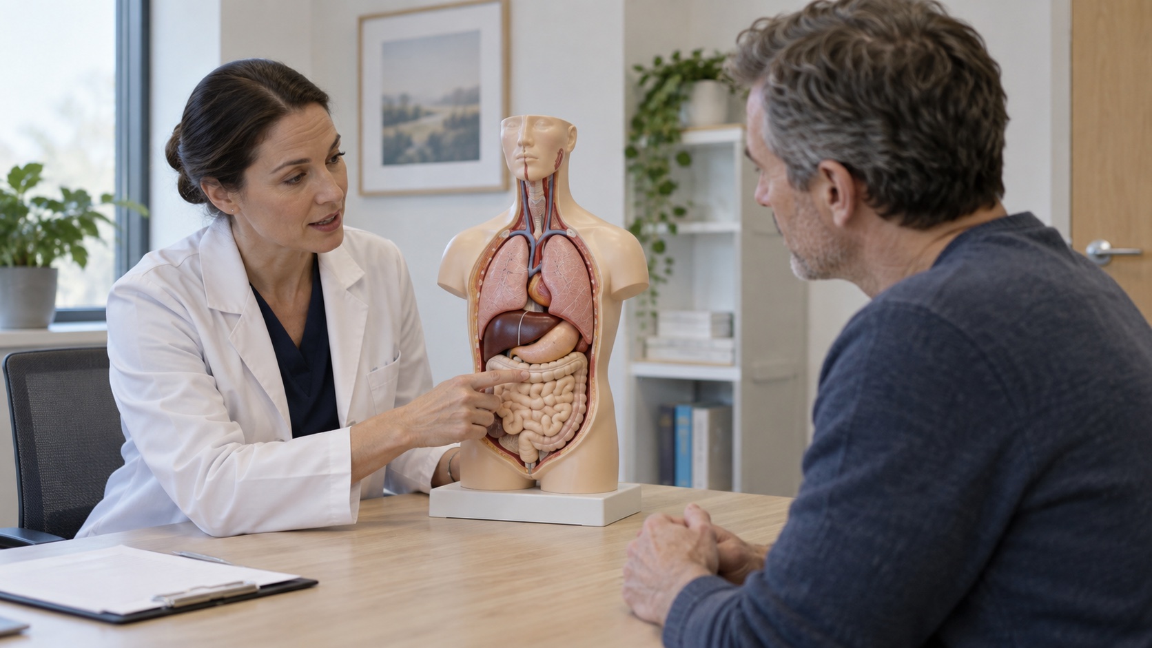 A clinician and adult review a plain torso model in a consultation room.