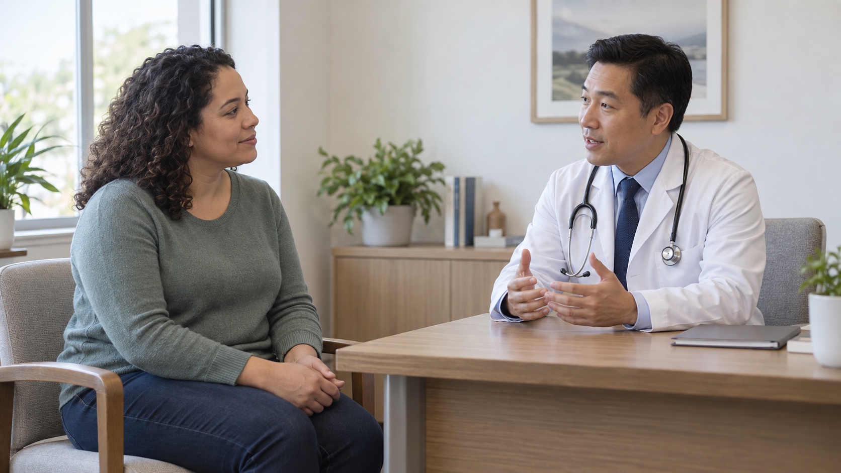 An adult and gastroenterologist talk in a quiet consultation room.