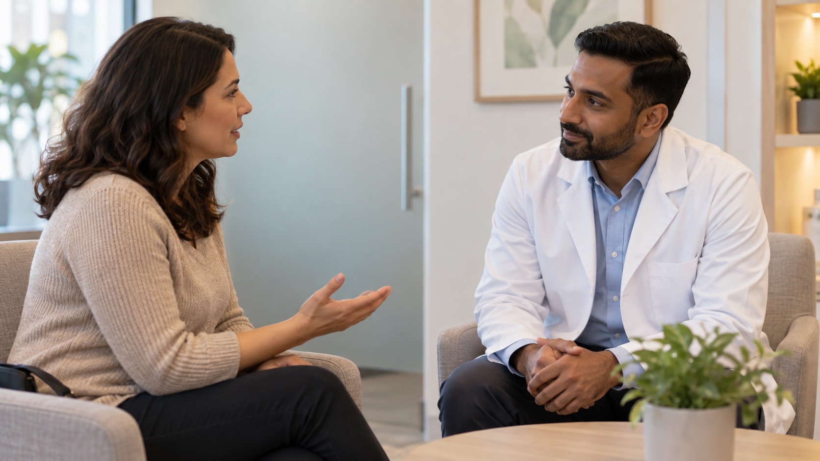 An adult speaks with a pharmacist in a private consultation.
