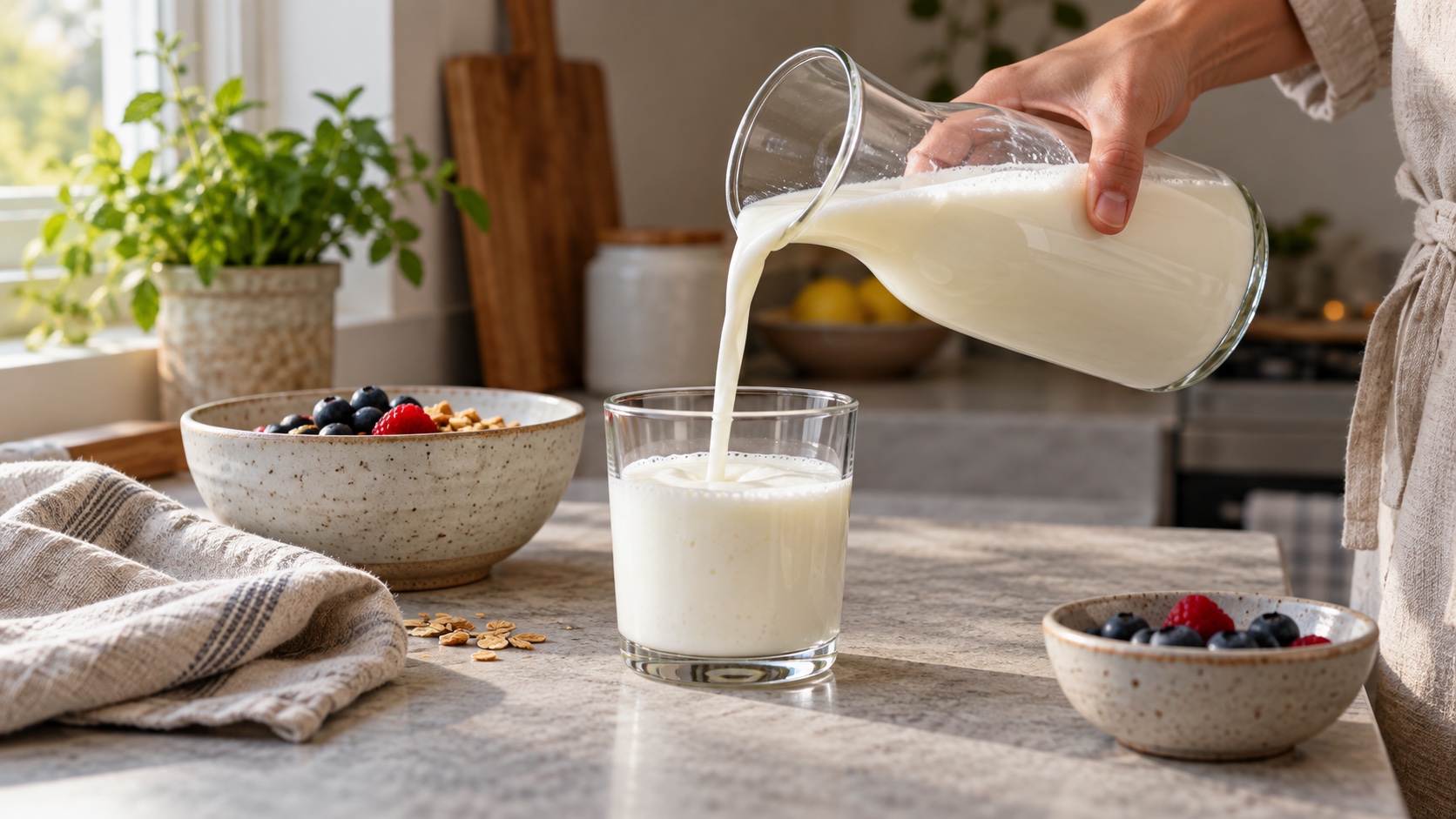 An adult pours plain kefir into a glass in a home kitchen.