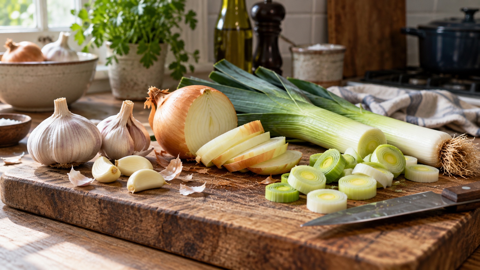 Garlic, onion, and leeks on a home kitchen cutting board.