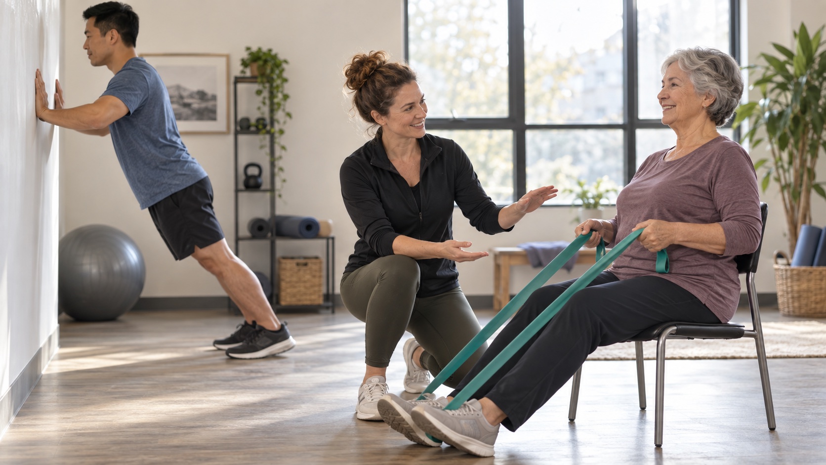 A trainer offers different exercise options to two adults.