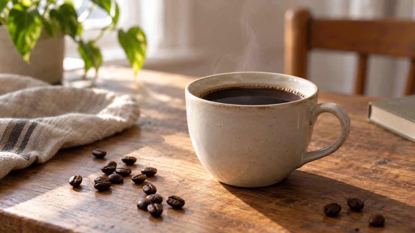 A plain cup of coffee beside a few coffee beans in morning light.