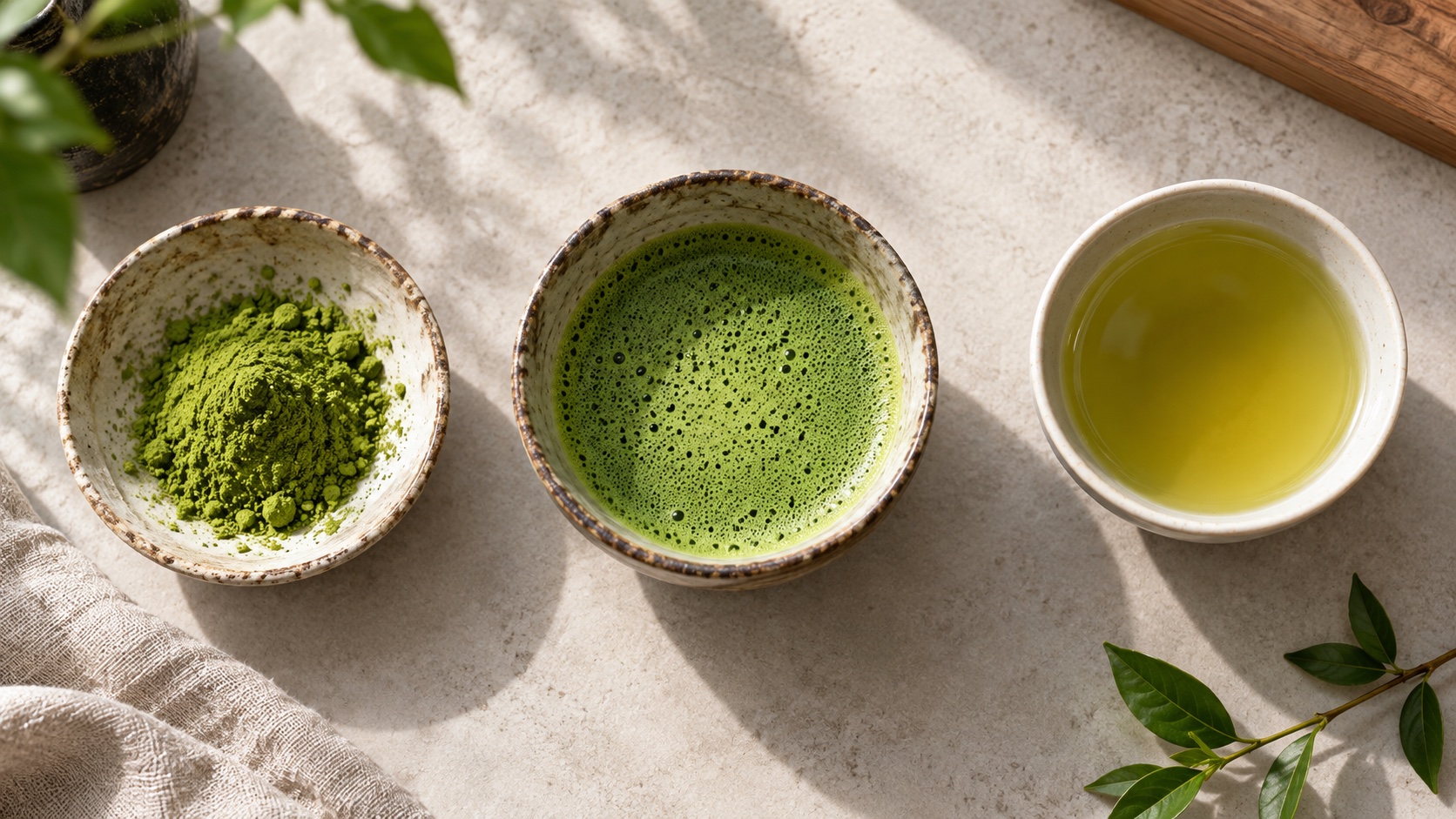 Matcha and brewed green tea are shown side by side.