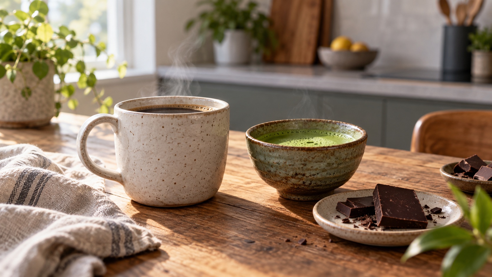Coffee, matcha, and dark chocolate on a plain table.