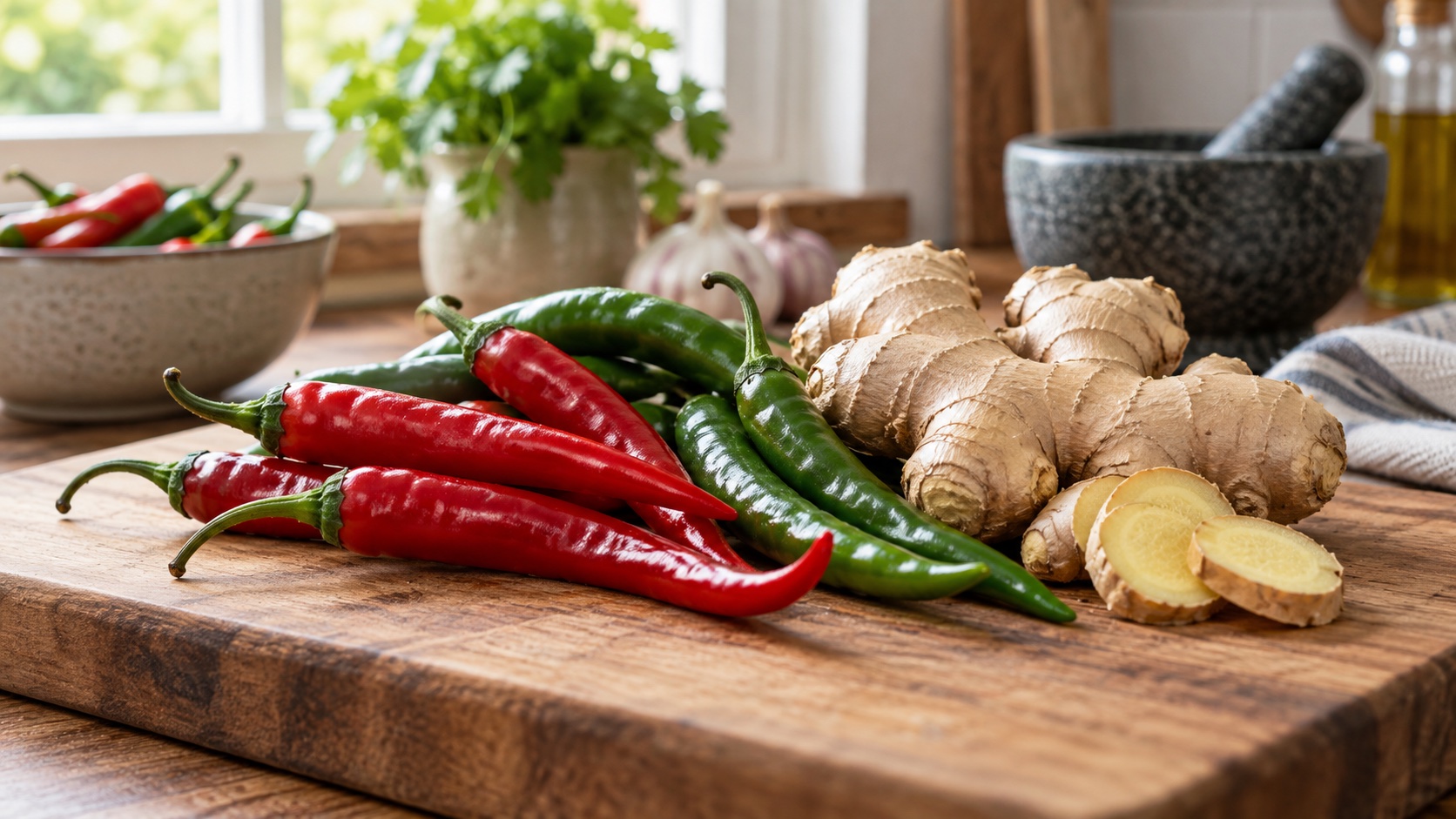 Chili peppers and ginger root on a kitchen cutting board.