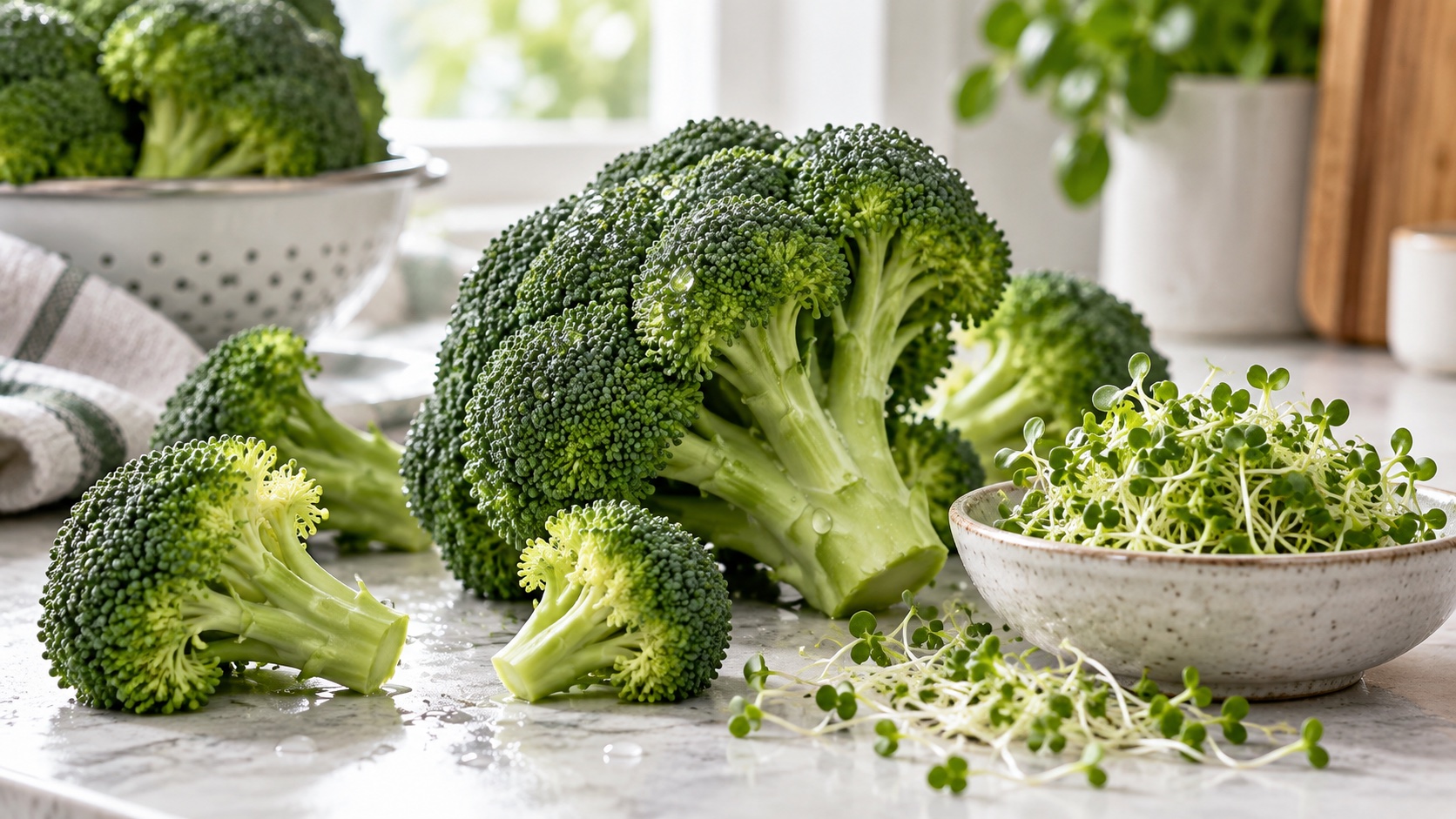 Broccoli florets and sprouts on a kitchen counter.