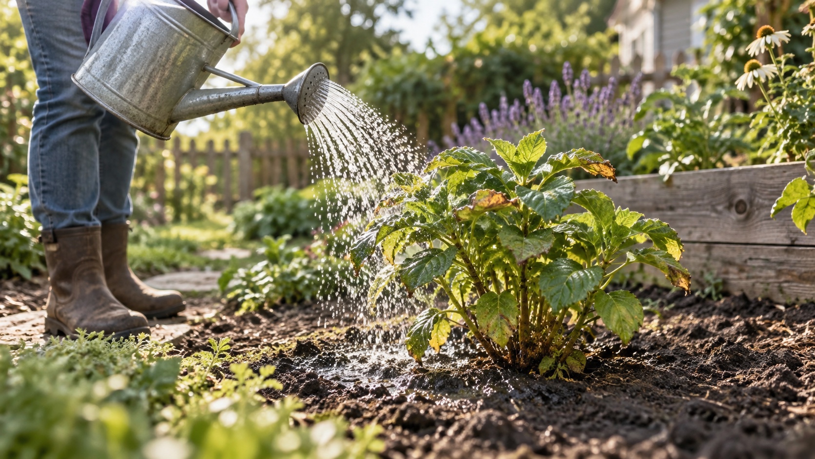 A gardener tends a plant after a dry spell.