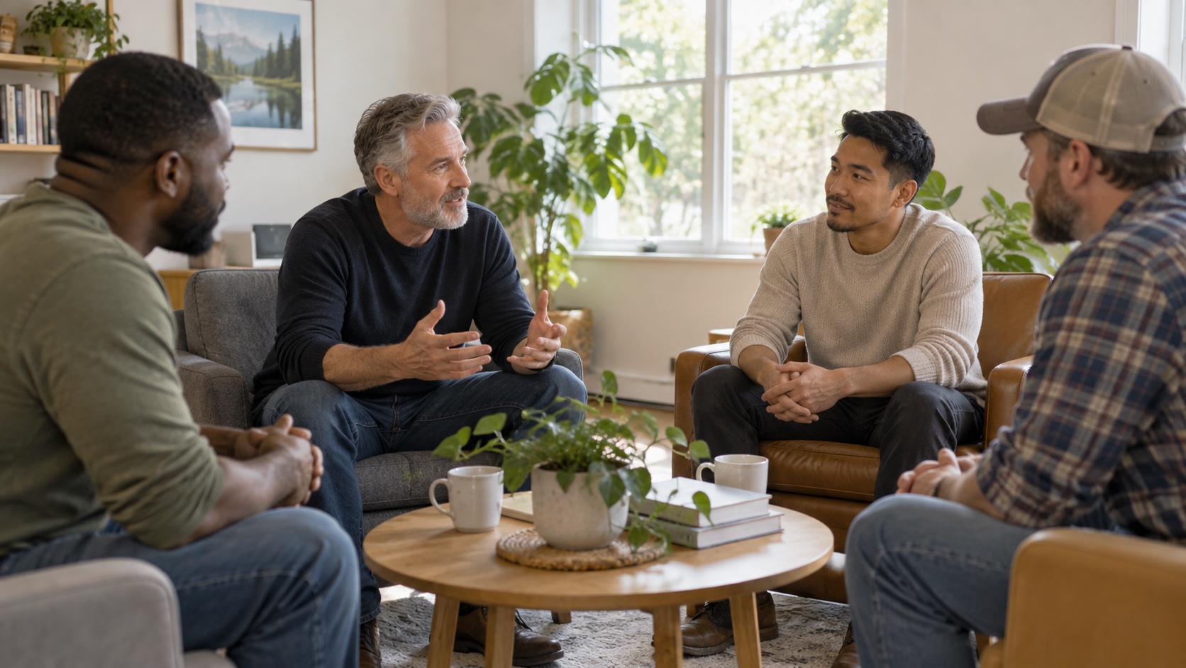 A small group of adults talks around a table in a bright room.