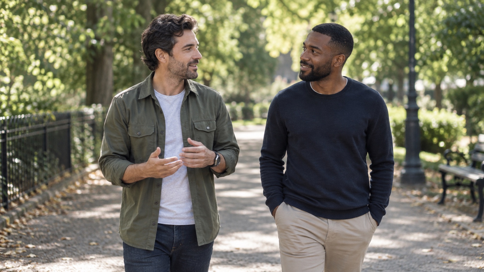 Two adult male friends walk side by side on a tree-lined path.