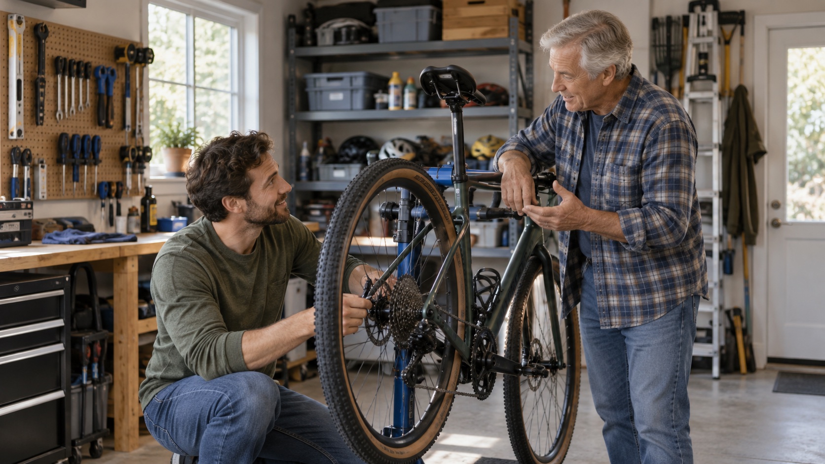 An adult son and father speak while doing a simple garage task.
