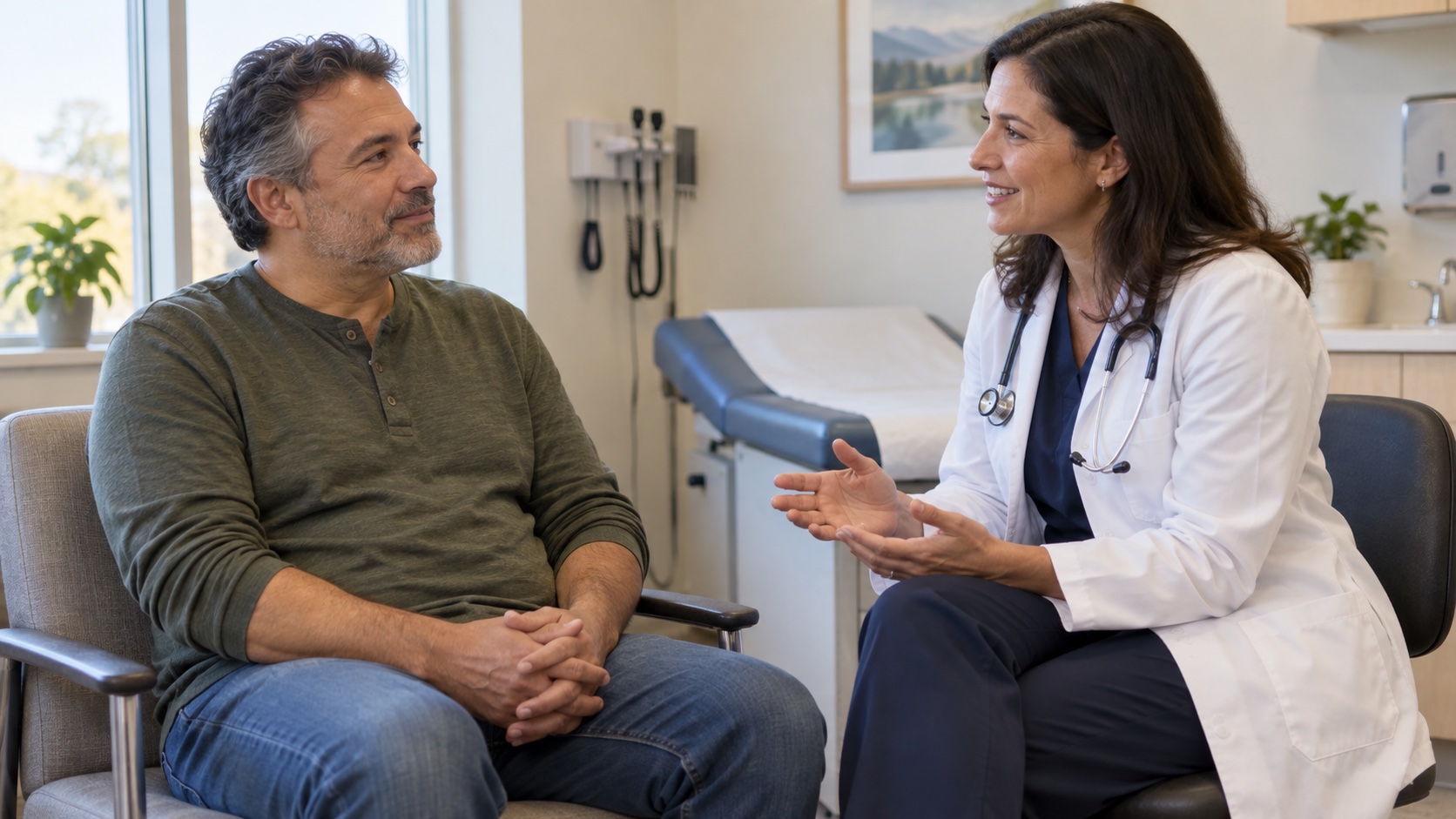 A man and clinician discuss screening options in a calm exam room.