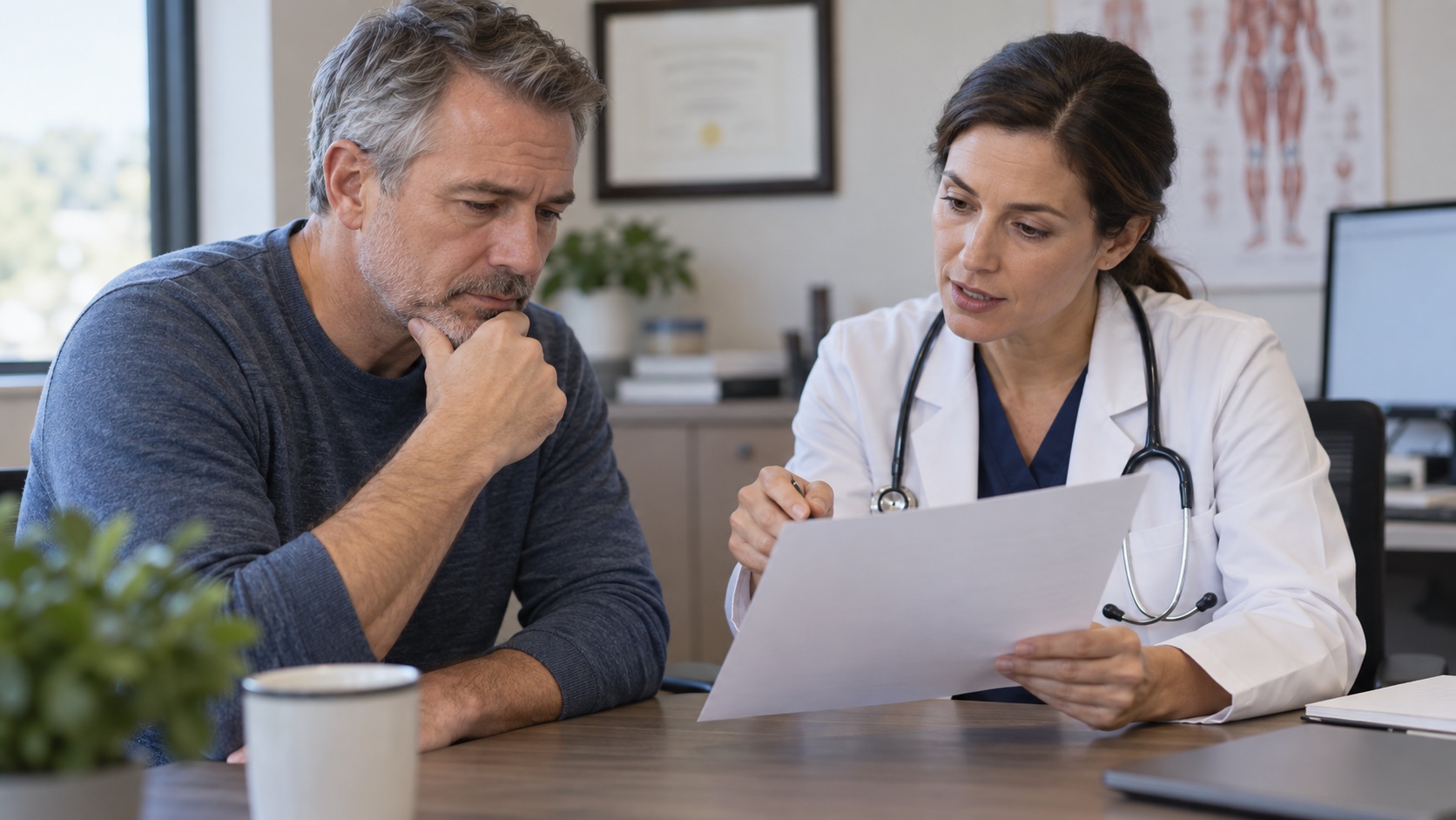 A man and clinician discuss a plain, unmarked screening sheet.