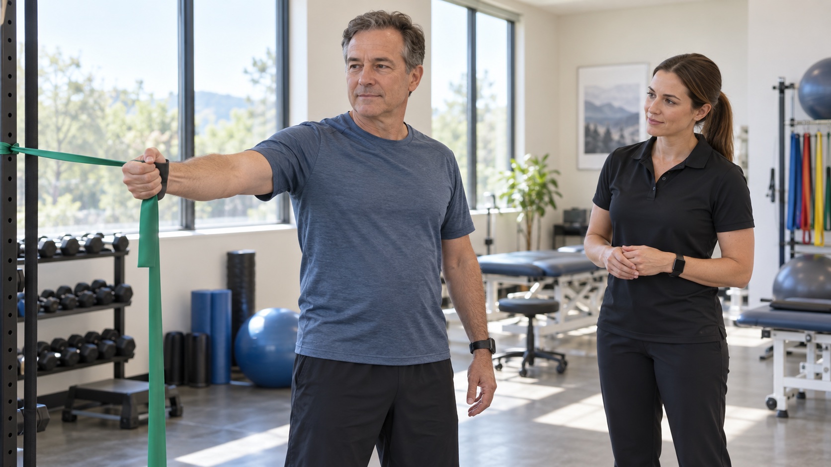 A man performs a light resistance-band shoulder exercise with a therapist.