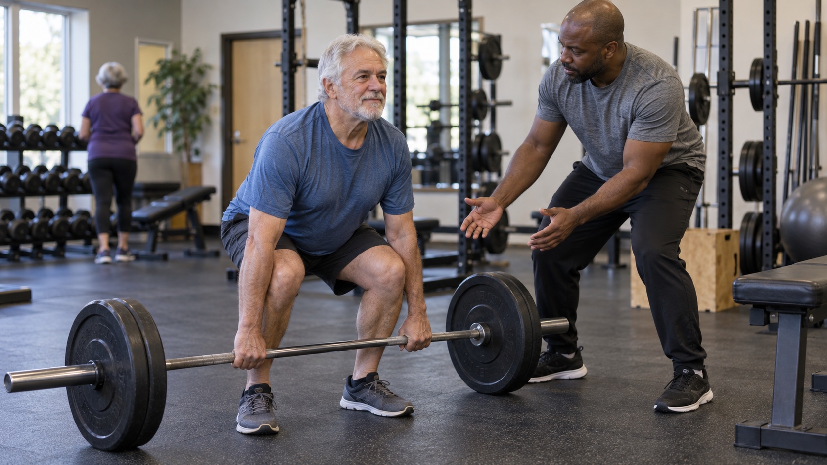 An older man performs a controlled barbell lift in a gym.