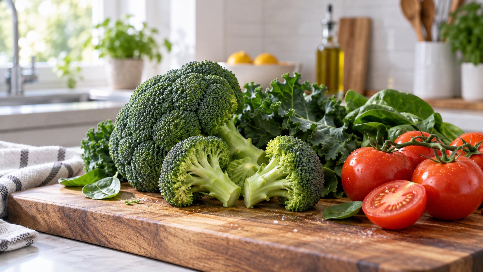 Broccoli and leafy vegetables on a kitchen cutting board.