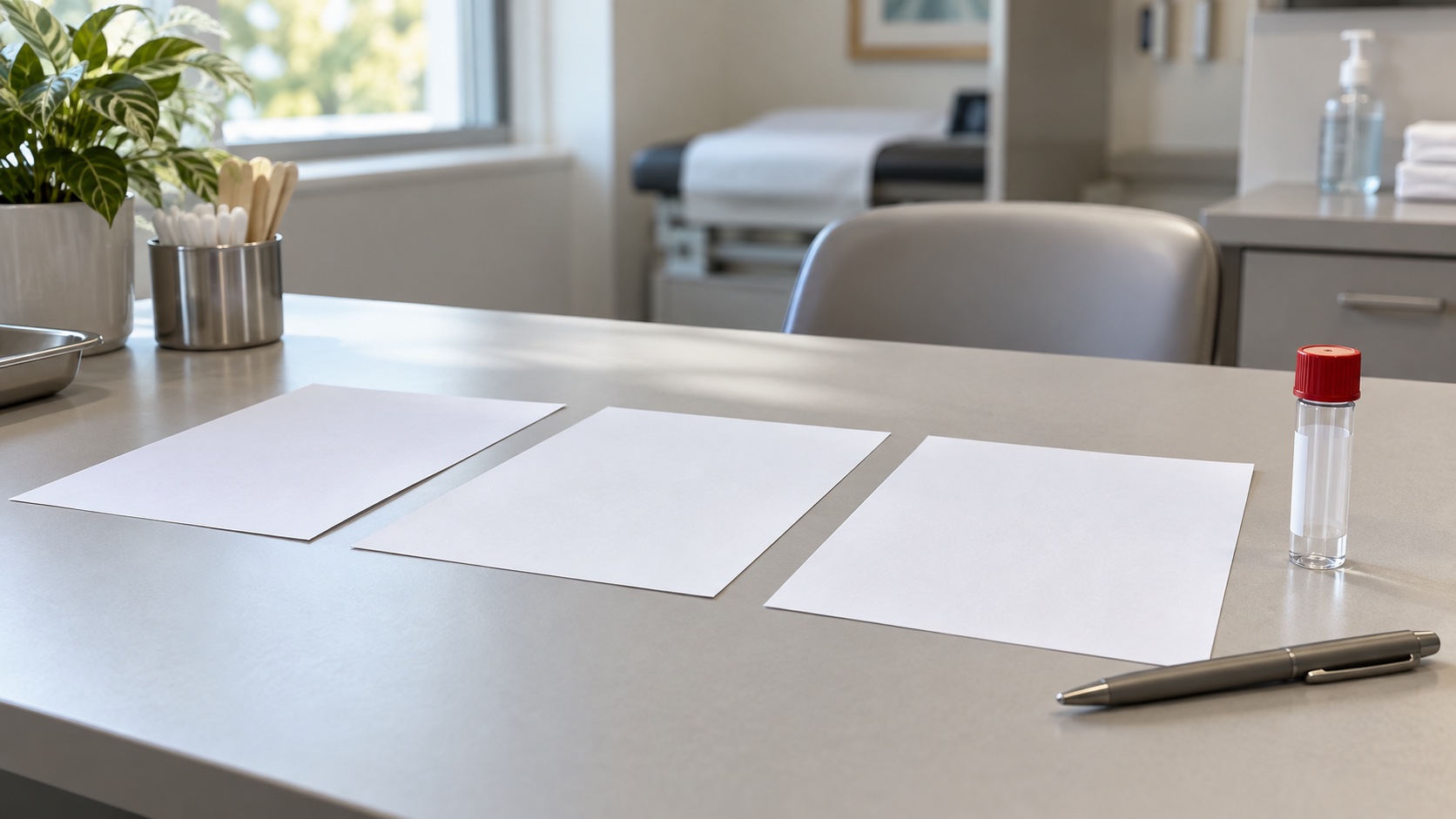 Three blank papers beside one unlabelled sample tube and a pen.