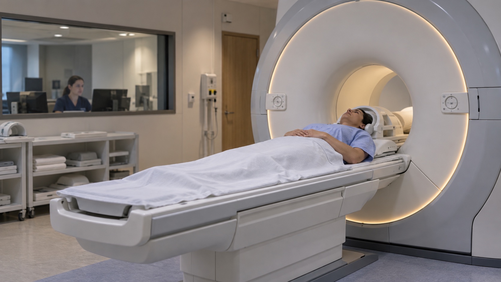 An adult undergoes an MRI scan in a quiet clinical setting.