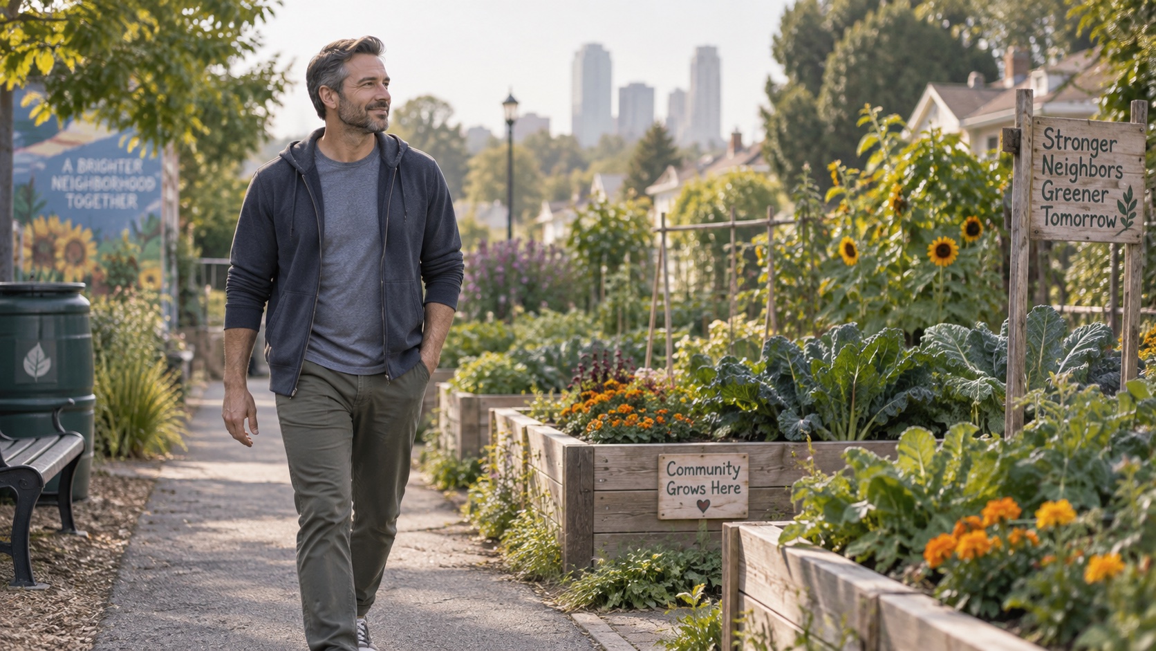 A man walks in daylight beside a community garden.