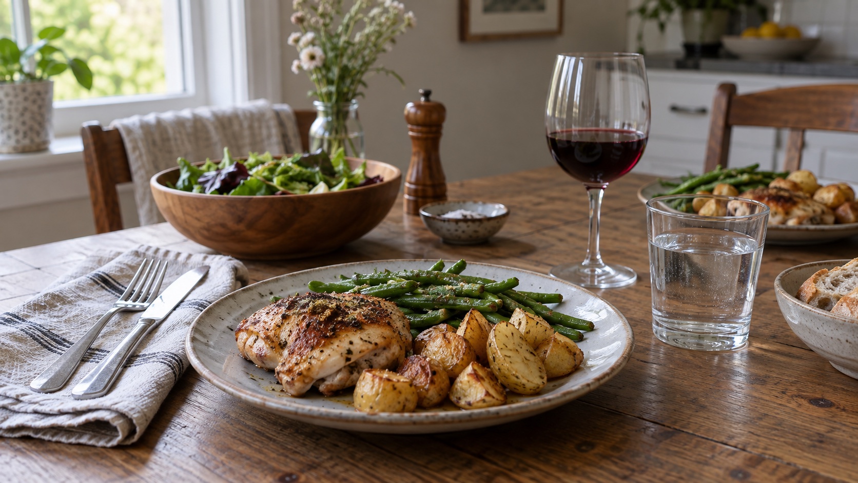 A modest dinner with a water glass and an unbranded wine glass.