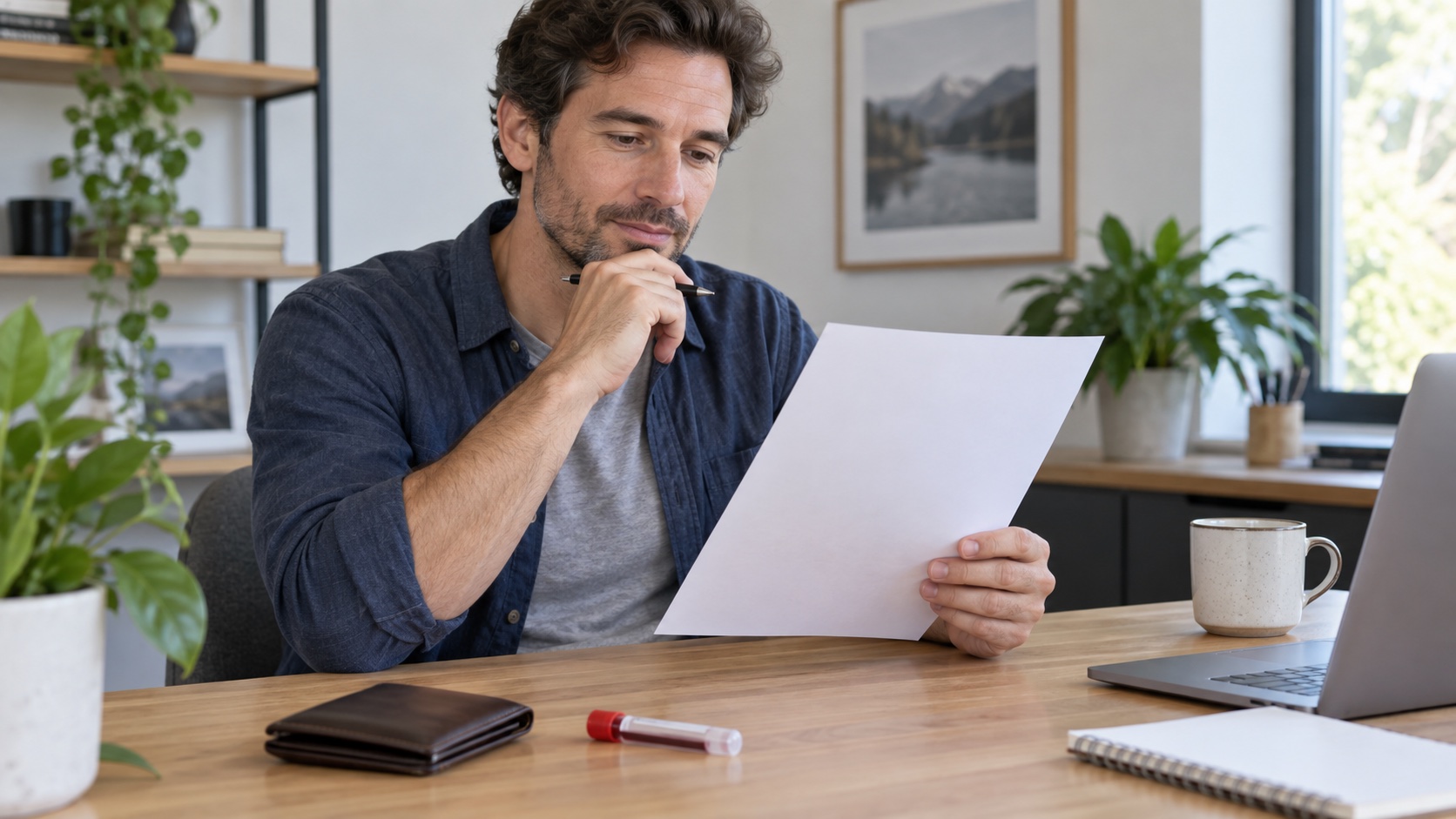 An adult reviews a blank paper beside a closed wallet at a table.