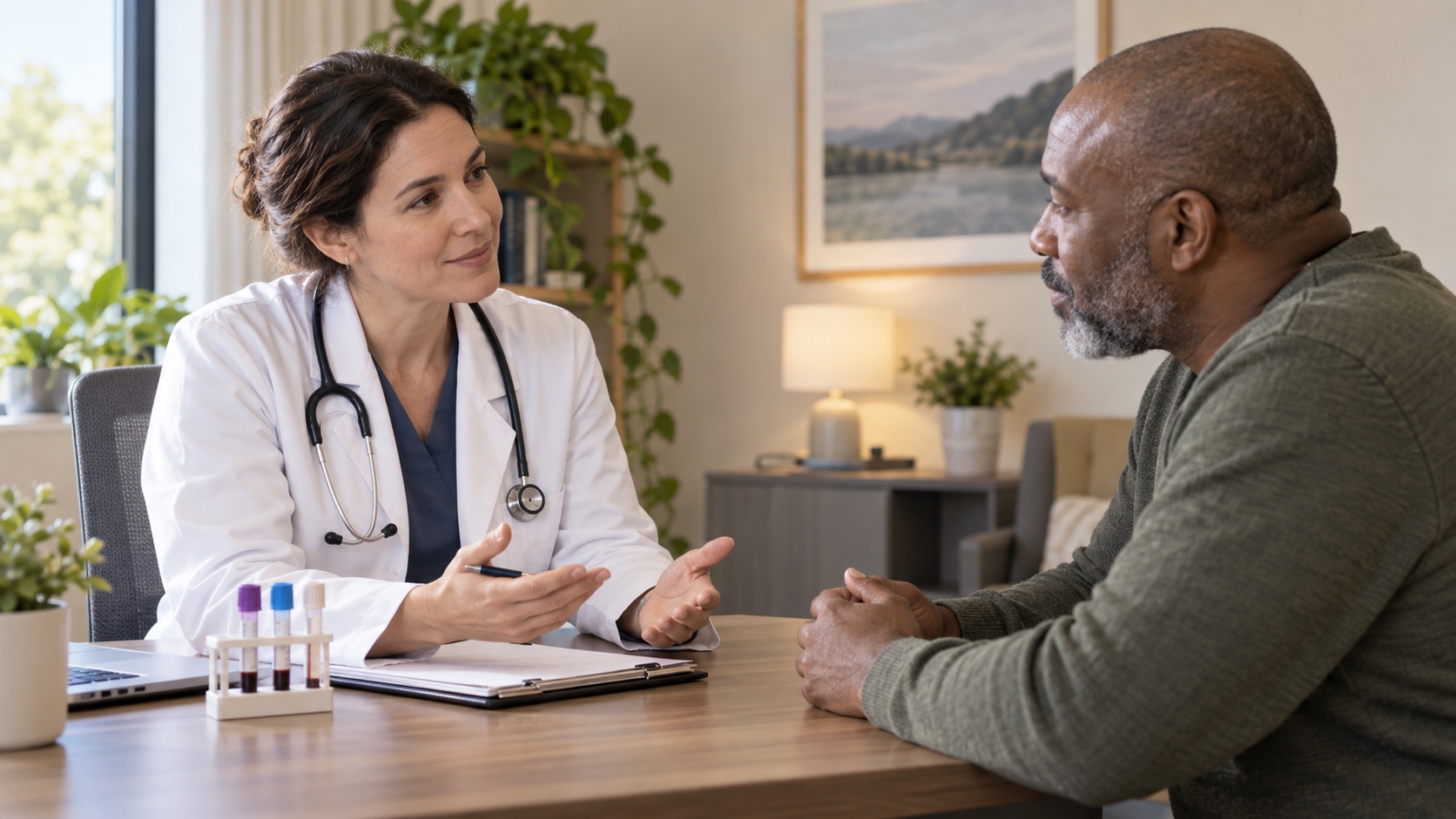 A clinician and patient discuss a few unlabelled sample tubes.