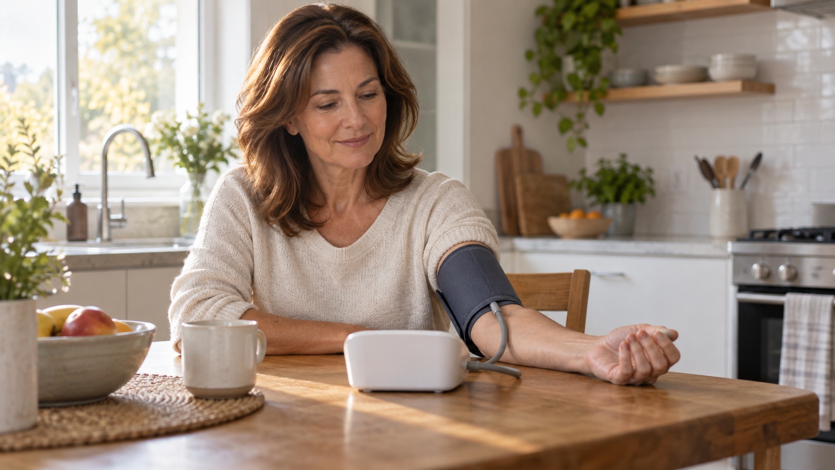 An adult uses a home blood-pressure cuff at a kitchen table.