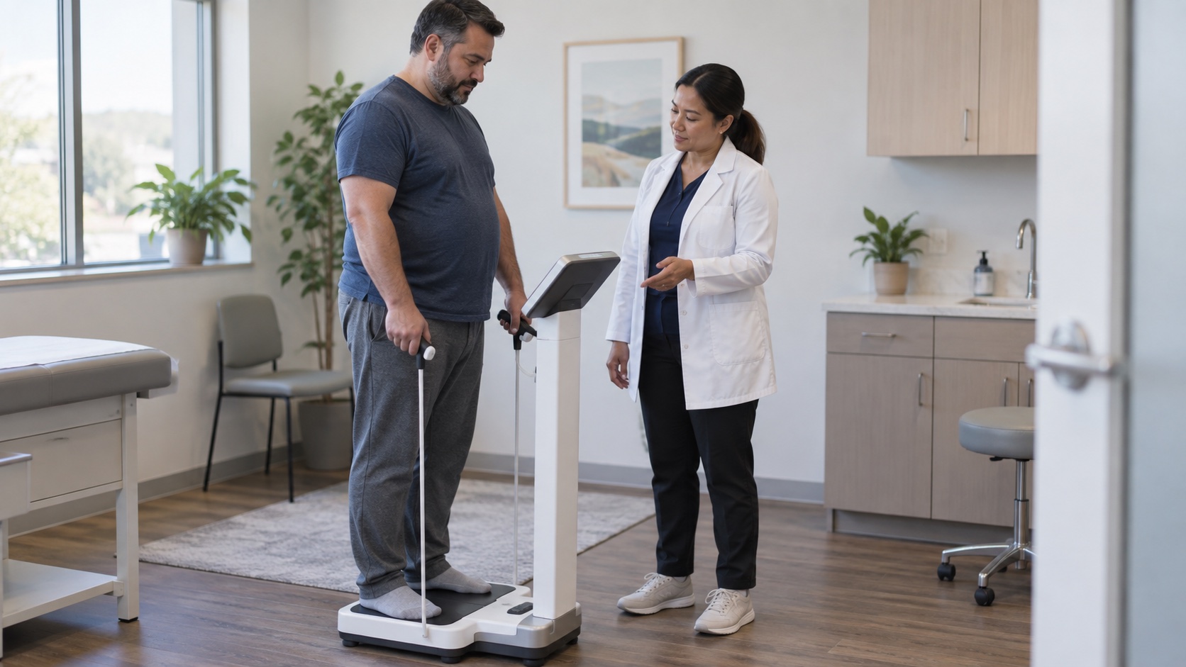 A fully clothed man stands on a body-composition analyzer beside a clinician.